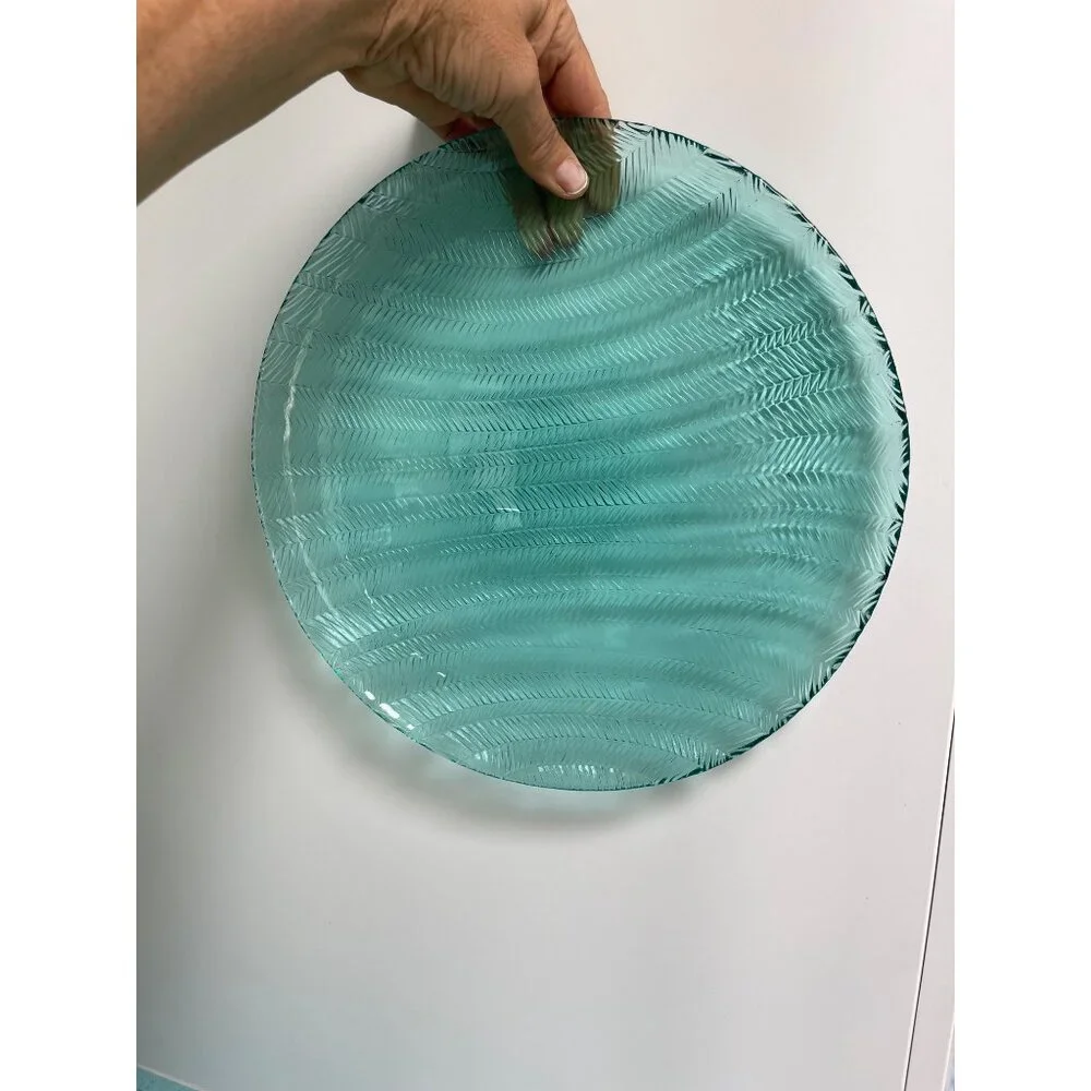Arcoroc France Vintage Serving Platter 12.5 Inch Teal Herringbone Chevron Rare